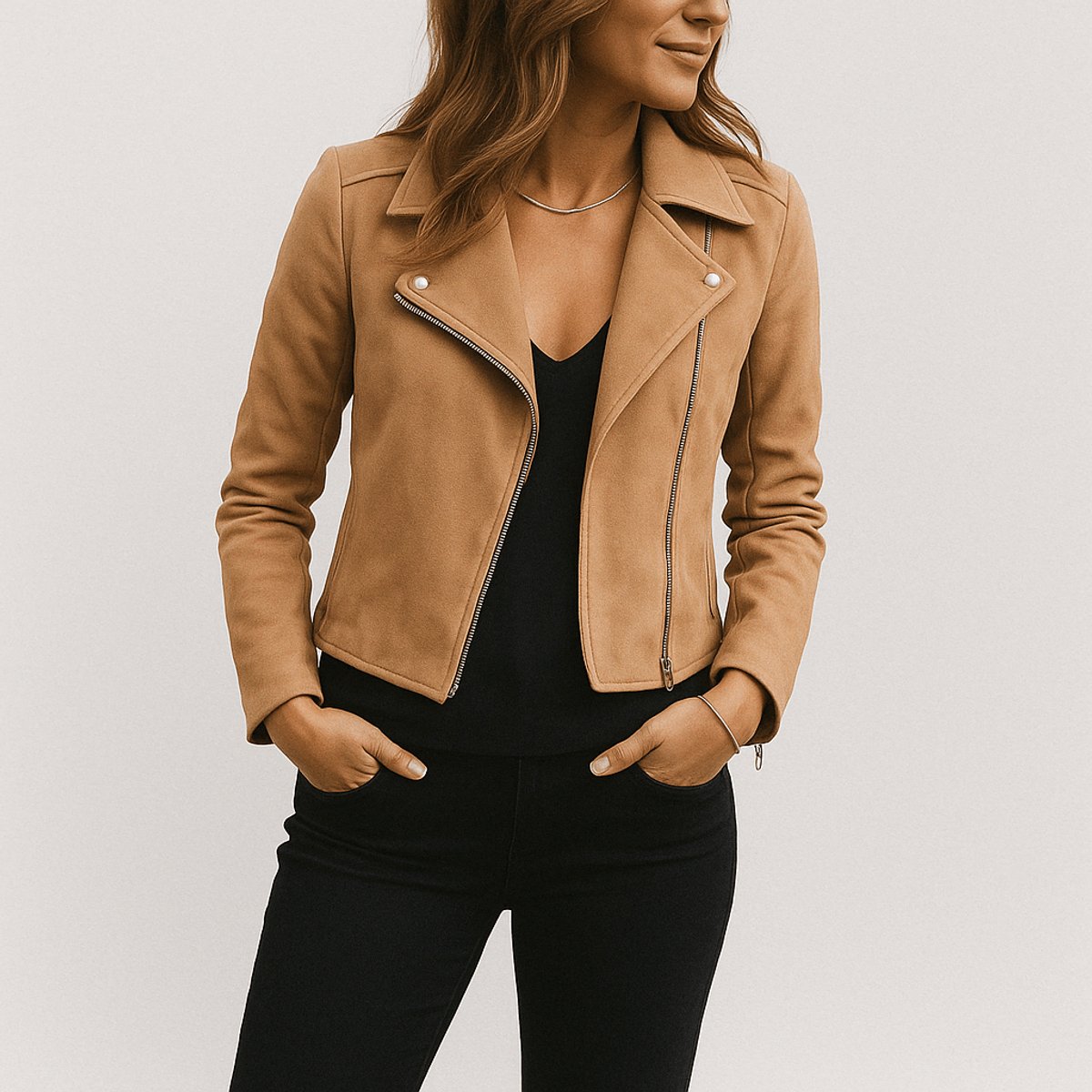 Zola | Biker Zipped Lapel Collared Fitted Autumn Cropped Faux Suede Jacket Women