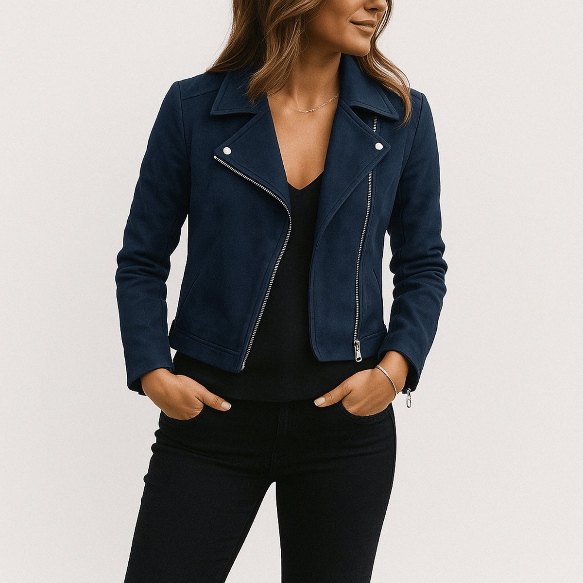 Zola | Biker Zipped Lapel Collared Fitted Autumn Cropped Faux Suede Jacket Women