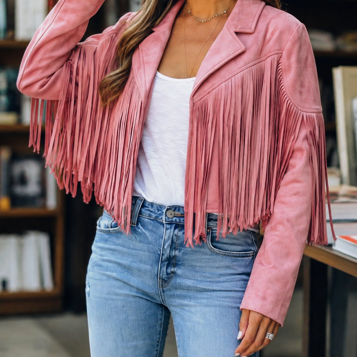Cleo | Cropped Oversized Collared Lapel Western Fringe Tassel Autumn Faux Suede Blazer Women