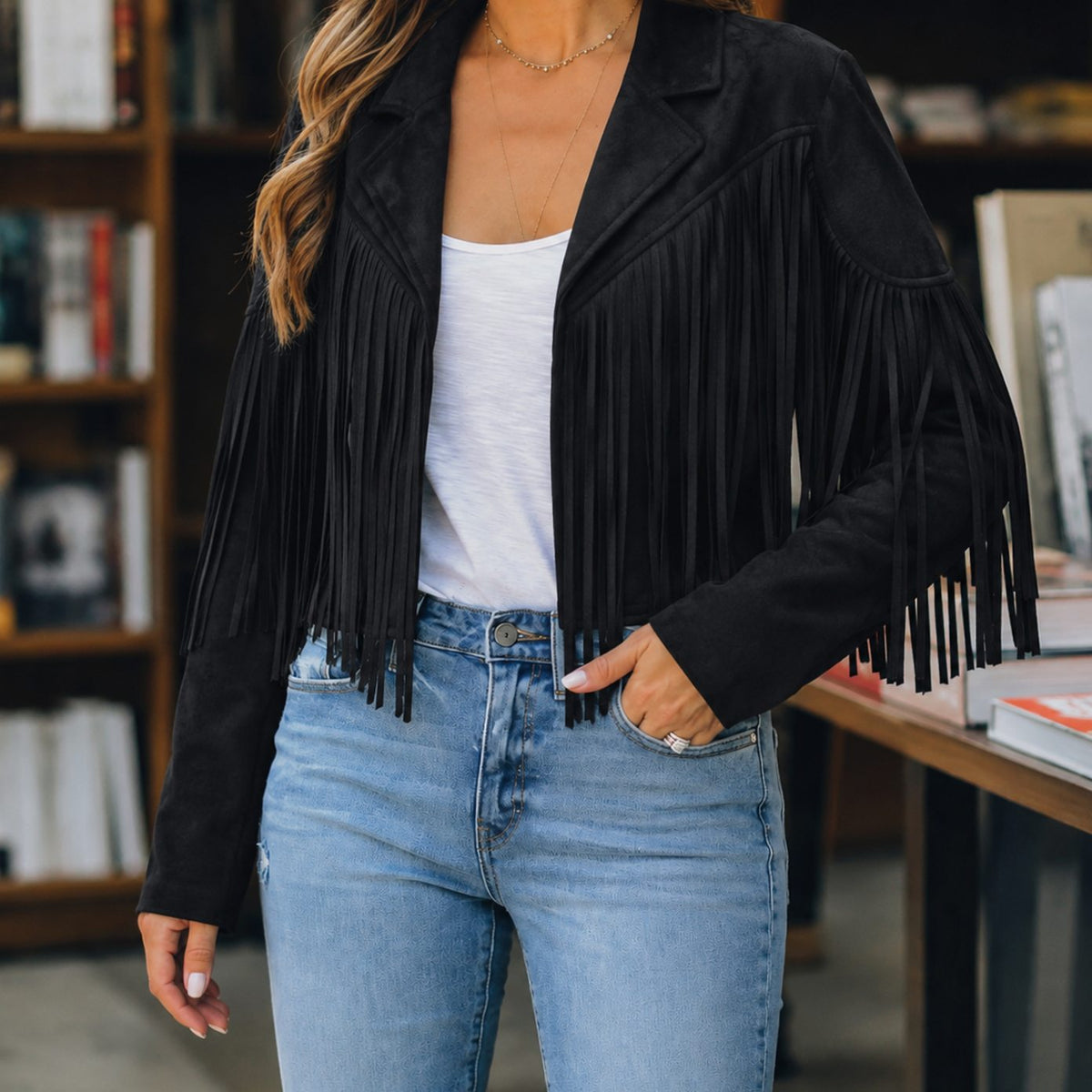 Cleo | Cropped Oversized Collared Lapel Western Fringe Tassel Autumn Faux Suede Blazer Women
