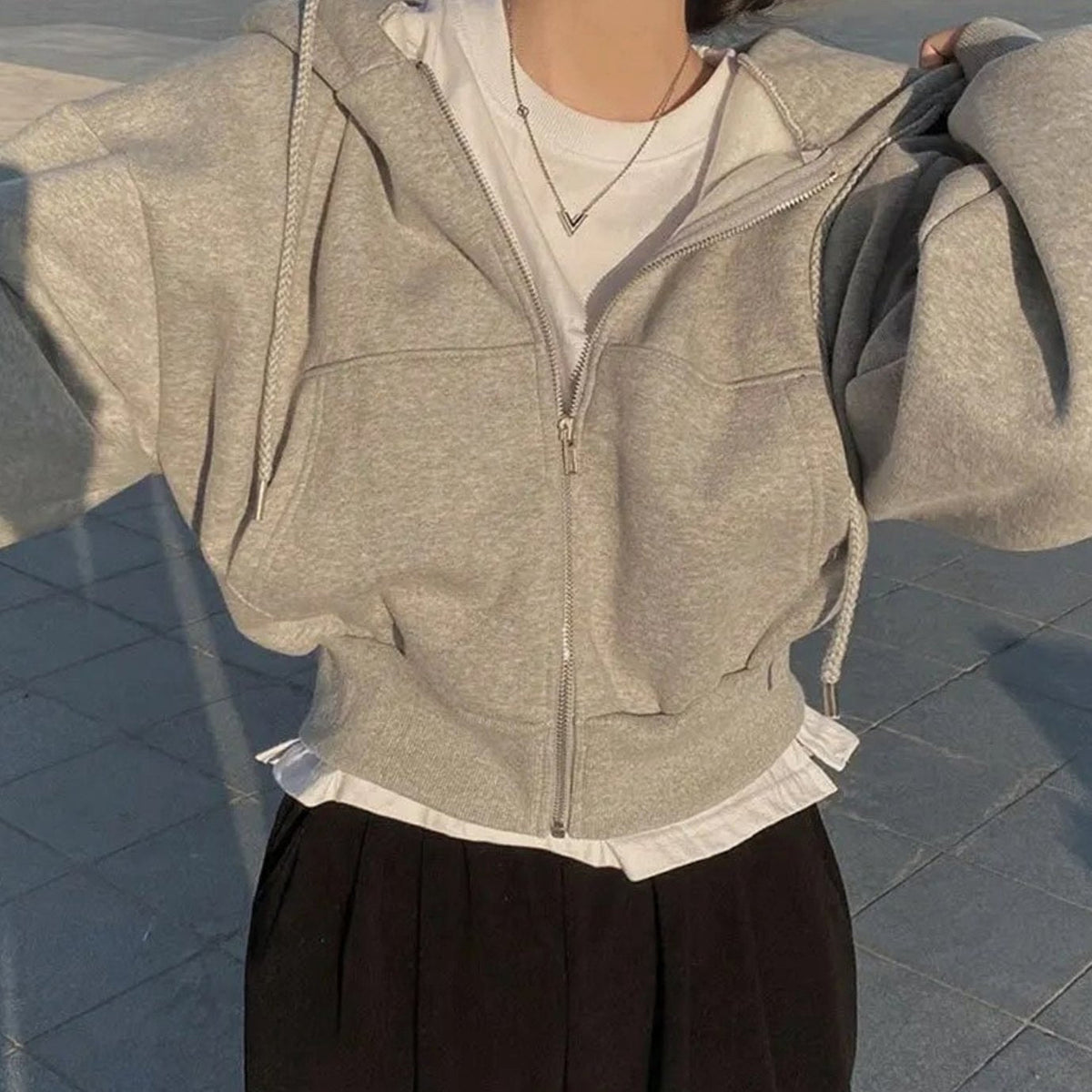 Annie | Zip Up Drawstring Pockets Ribbed Fleece Cropped Autumn Oversized Hoodie Women