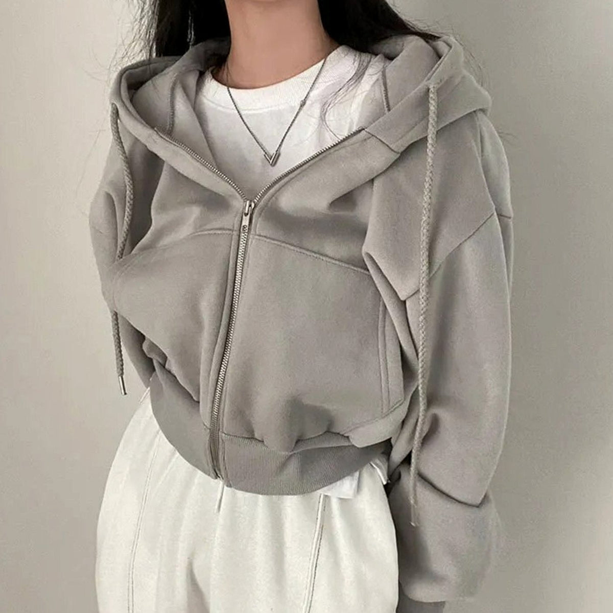 Annie | Zip Up Drawstring Pockets Ribbed Fleece Cropped Autumn Oversized Hoodie Women