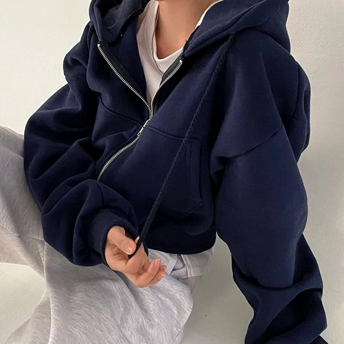 Annie | Zip Up Drawstring Pockets Ribbed Fleece Cropped Autumn Oversized Hoodie Women