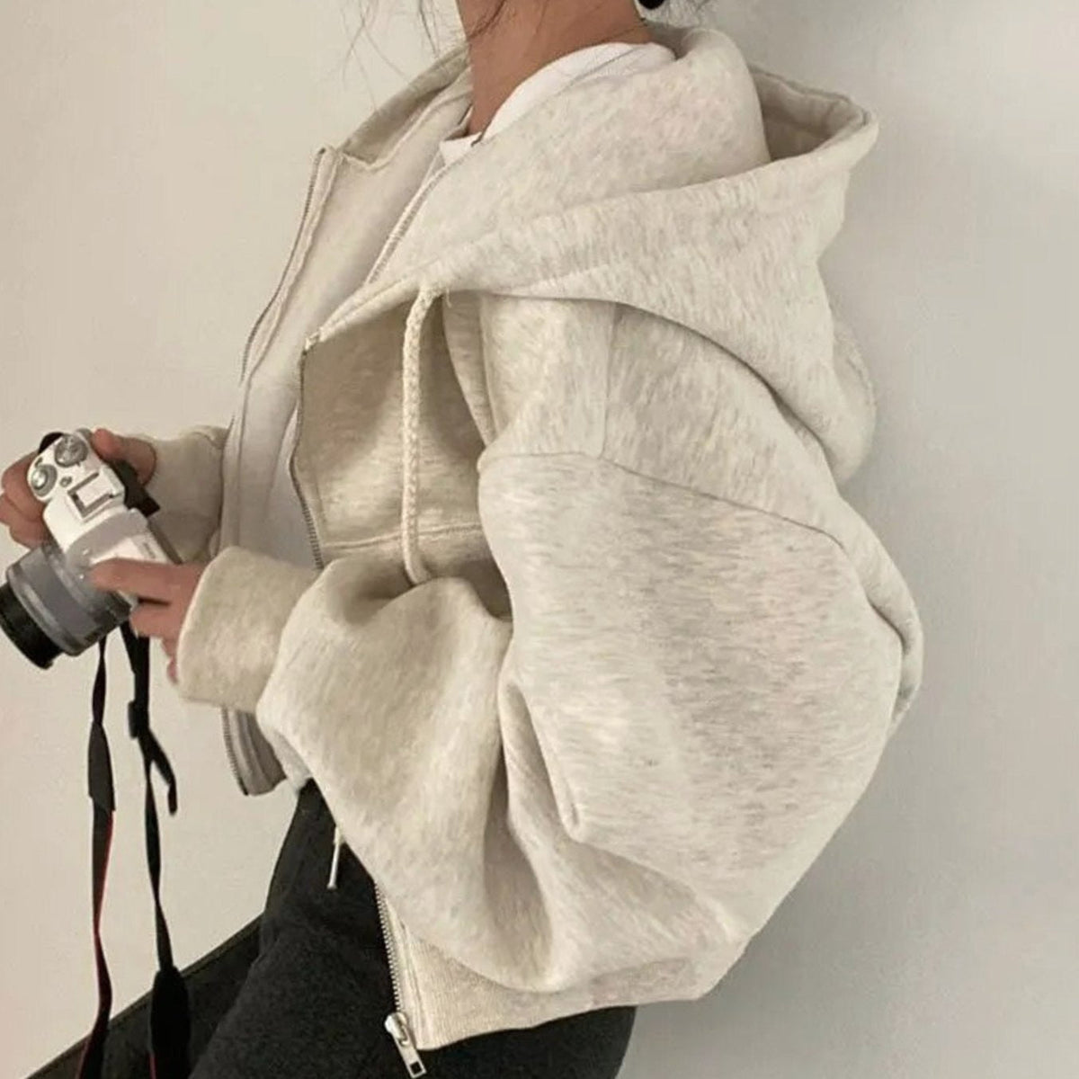 Annie | Zip Up Drawstring Pockets Ribbed Fleece Cropped Autumn Oversized Hoodie Women