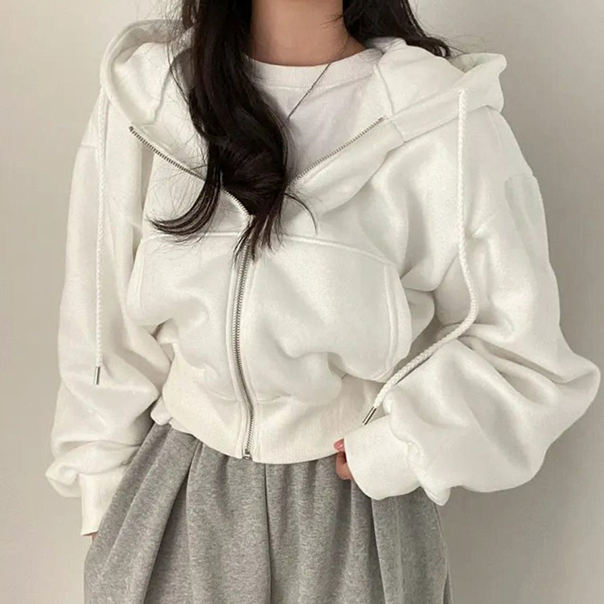 Annie | Zip Up Drawstring Pockets Ribbed Fleece Cropped Autumn Oversized Hoodie Women