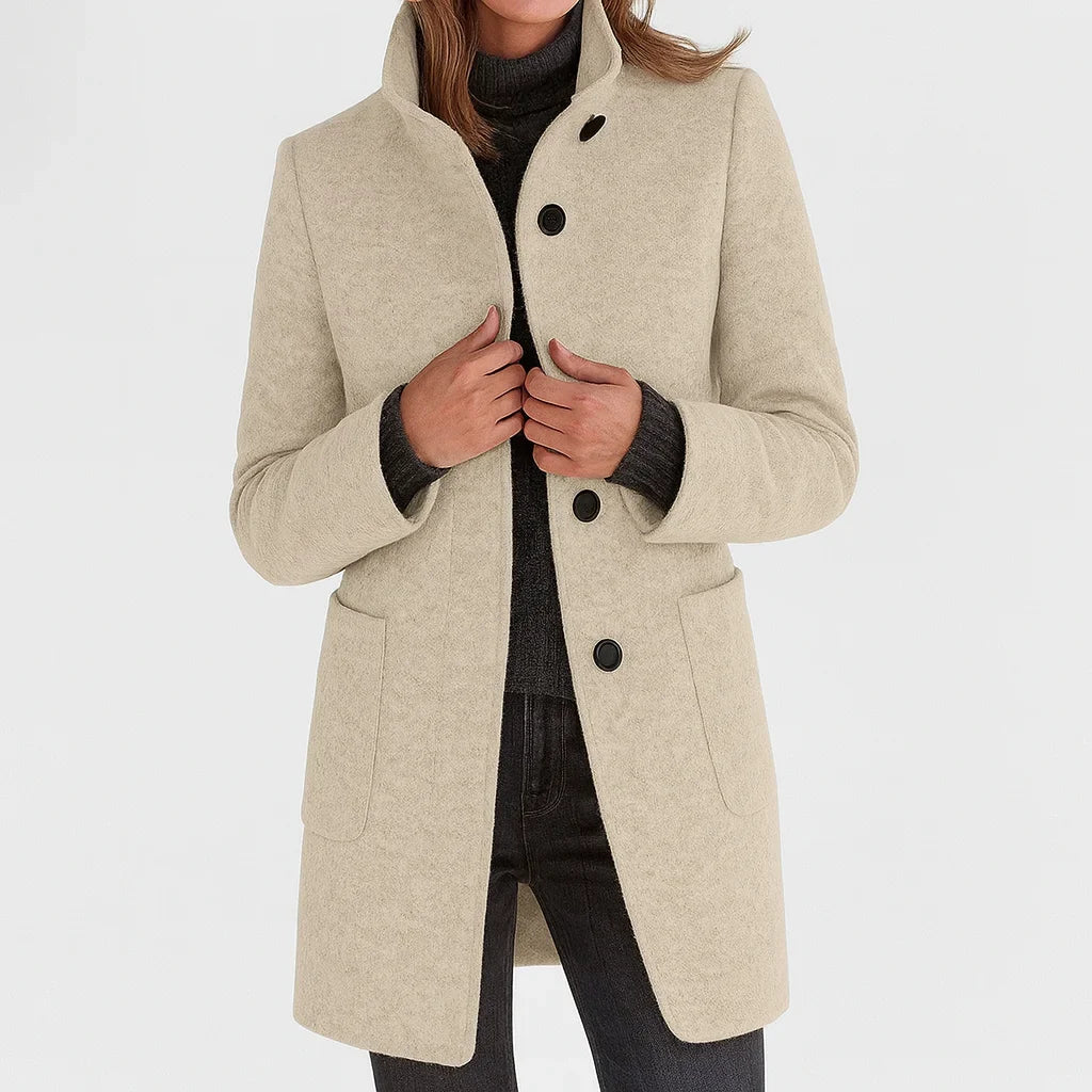 Piper | Wool Fitted Funnel Neck Collar Button Pockets Autumn Smart Tailored Coat Women