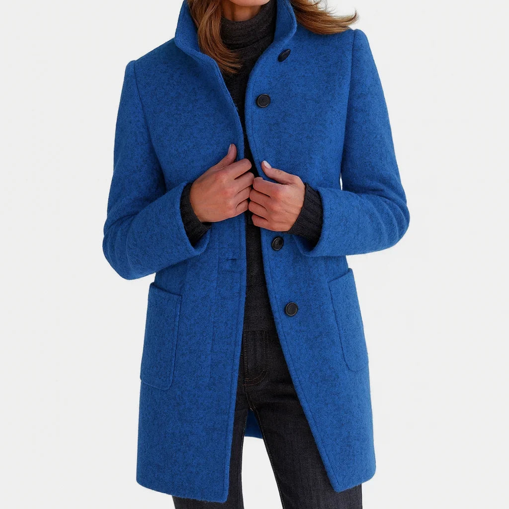 Piper | Wool Fitted Funnel Neck Collar Button Pockets Autumn Smart Tailored Coat Women
