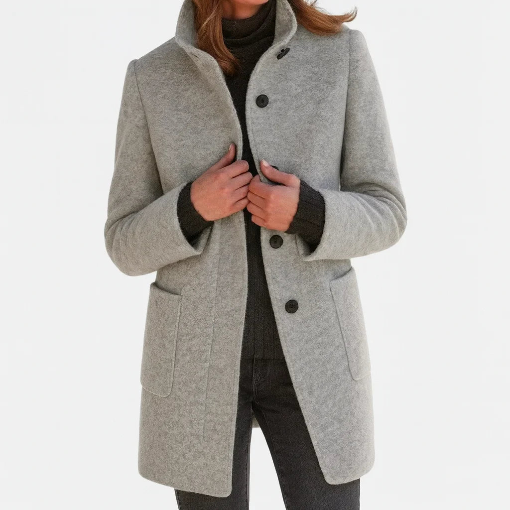 Piper | Wool Fitted Funnel Neck Collar Button Pockets Autumn Smart Tailored Coat Women