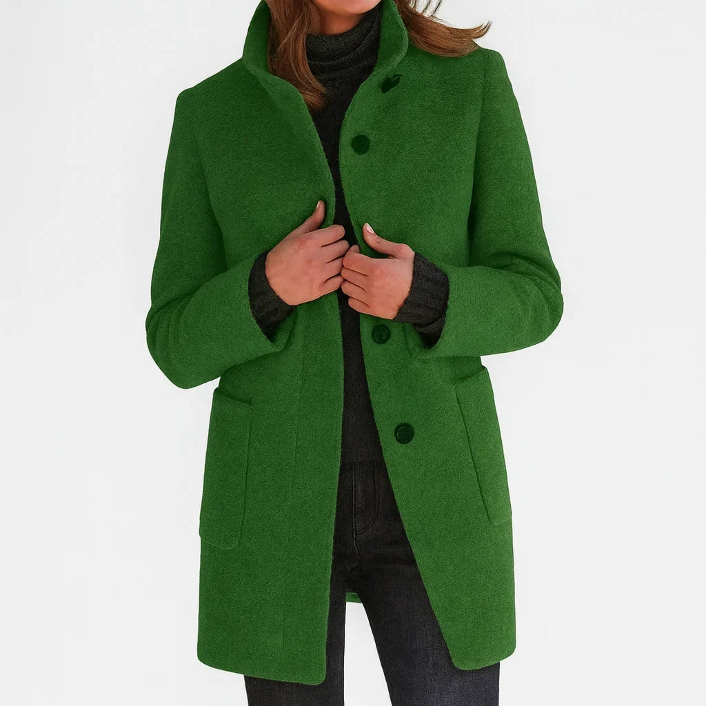 Piper | Wool Fitted Funnel Neck Collar Button Pockets Autumn Smart Tailored Coat Women