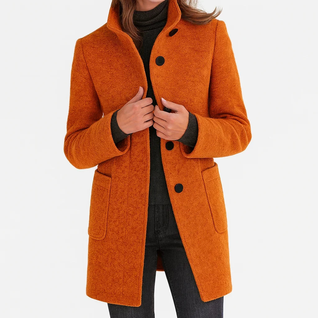 Piper | Wool Fitted Funnel Neck Collar Button Pockets Autumn Smart Tailored Coat Women