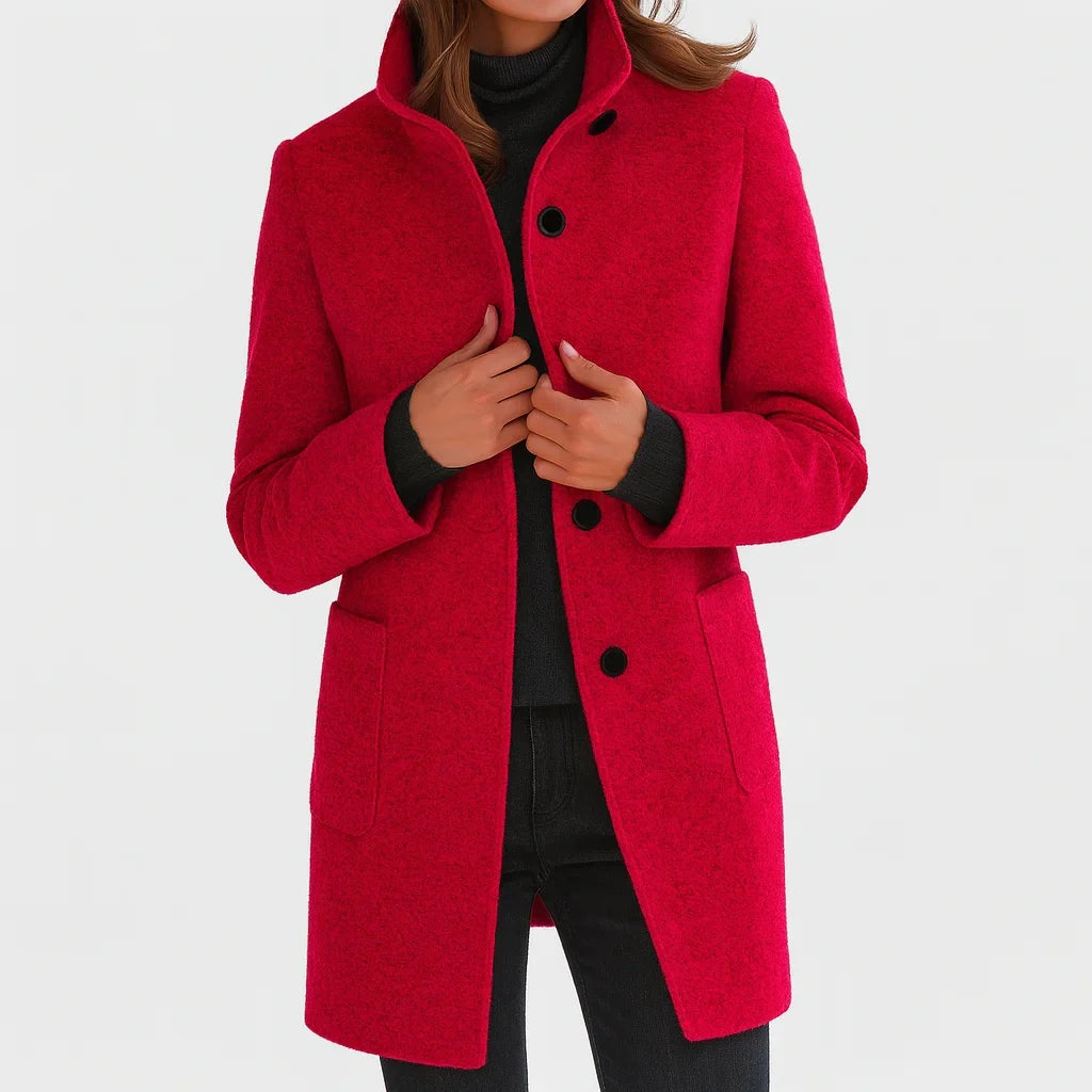 Piper | Wool Fitted Funnel Neck Collar Button Pockets Autumn Smart Tailored Coat Women