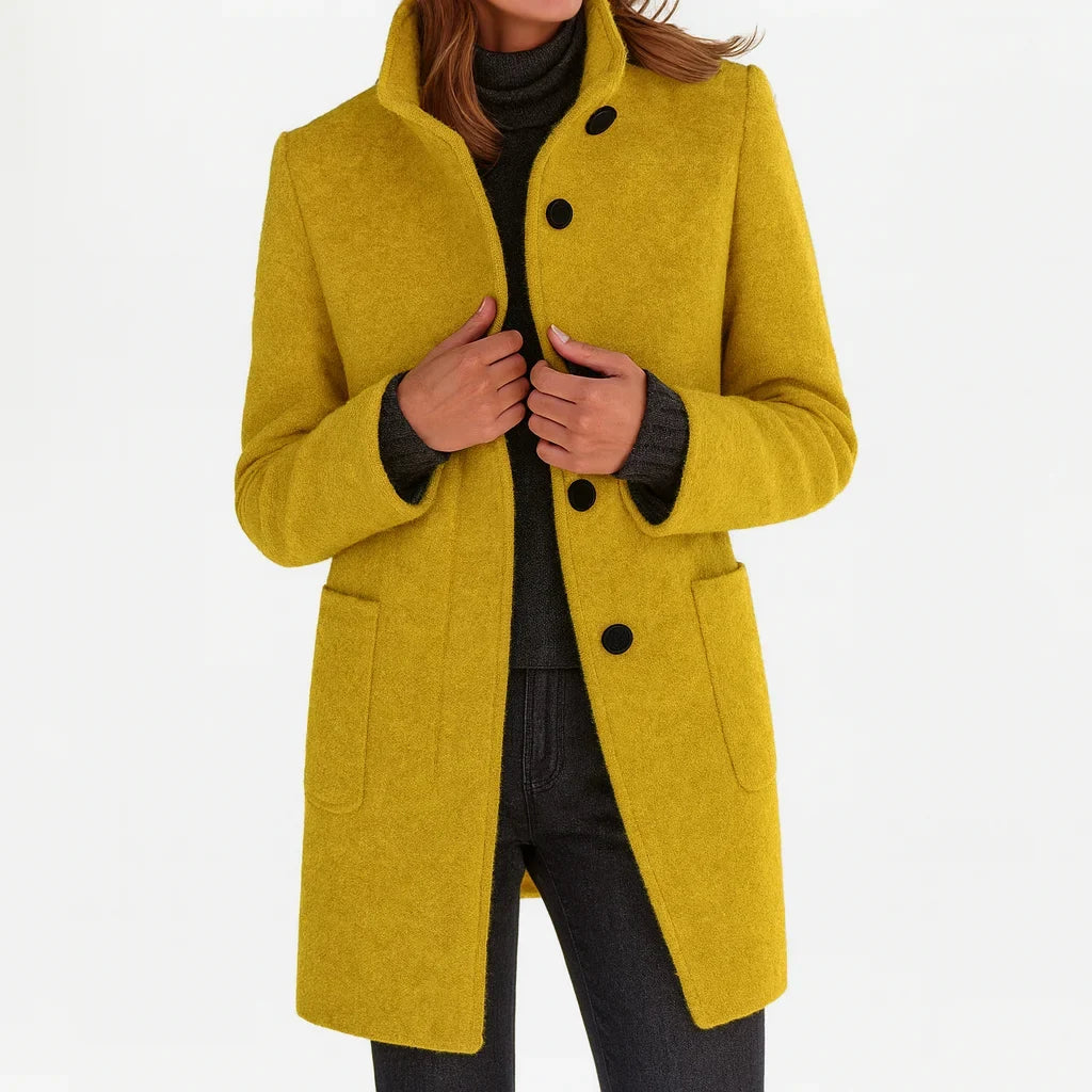 Piper | Wool Fitted Funnel Neck Collar Button Pockets Autumn Smart Tailored Coat Women