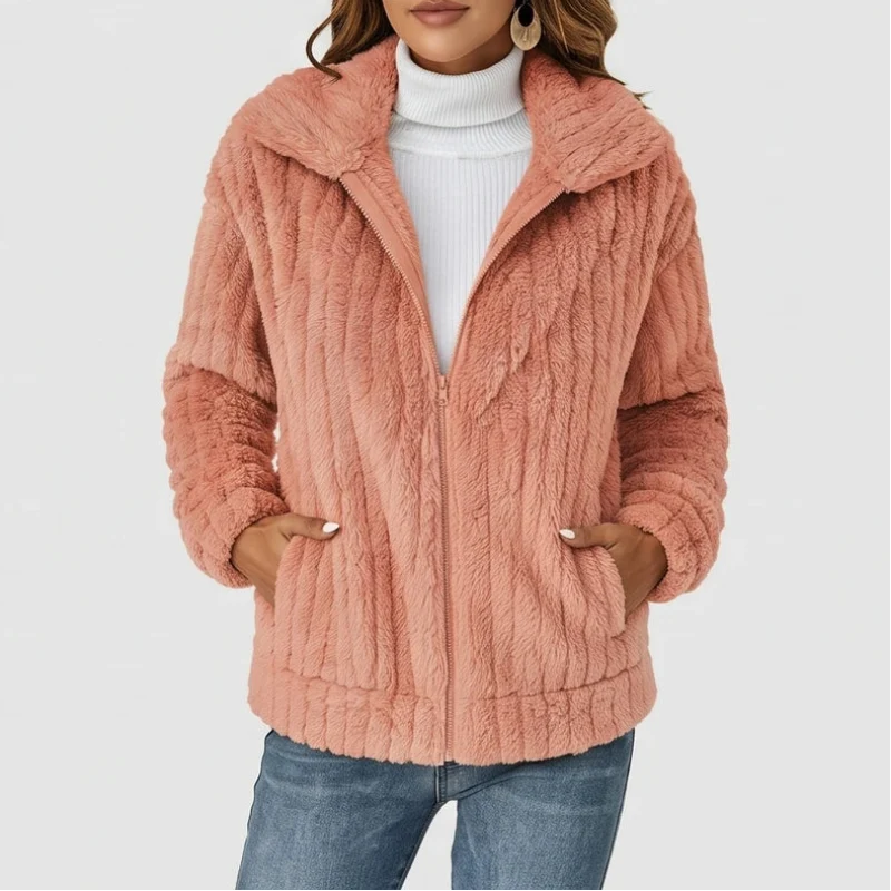 Edie | Winter Oversized Collared Full Zip Fluffy Striped Faux Fur Fleece Jacket Women