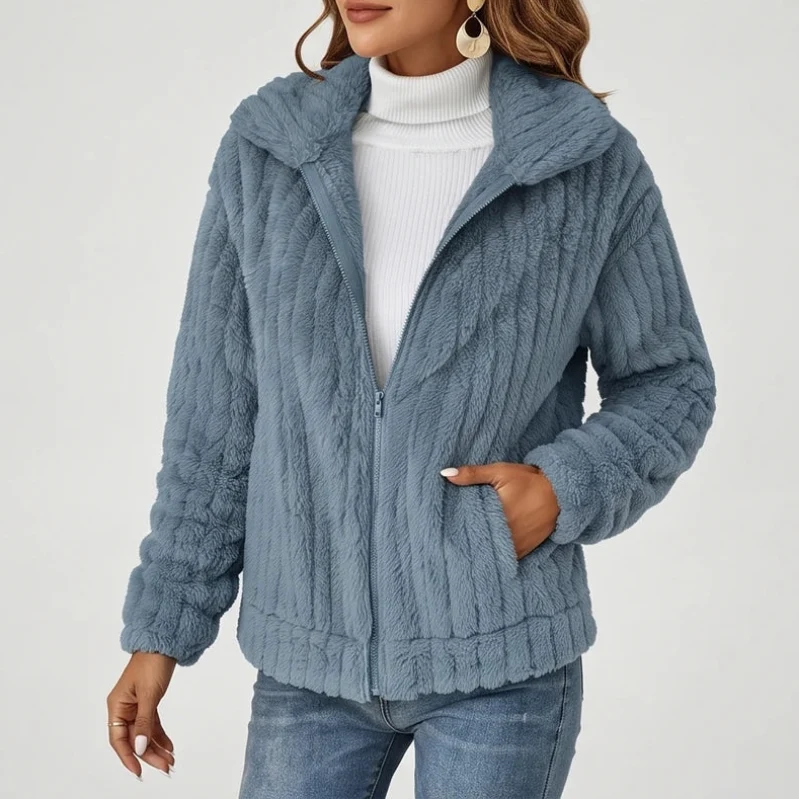 Edie | Winter Oversized Collared Full Zip Fluffy Striped Faux Fur Fleece Jacket Women
