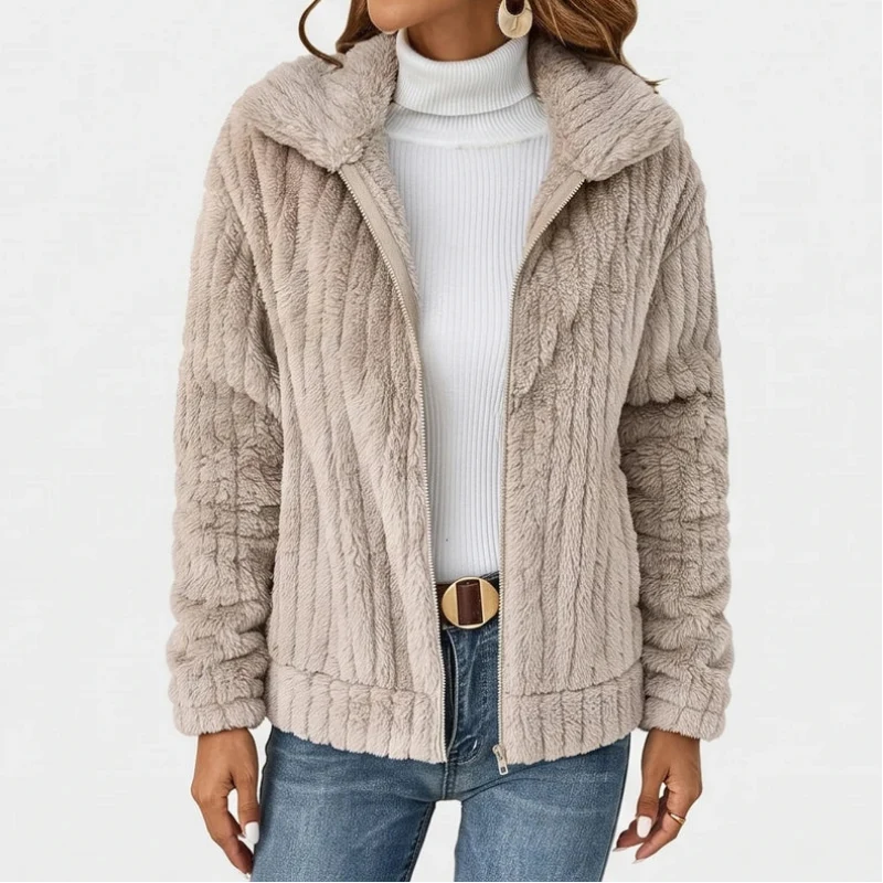Edie | Winter Oversized Collared Full Zip Fluffy Striped Faux Fur Fleece Jacket Women