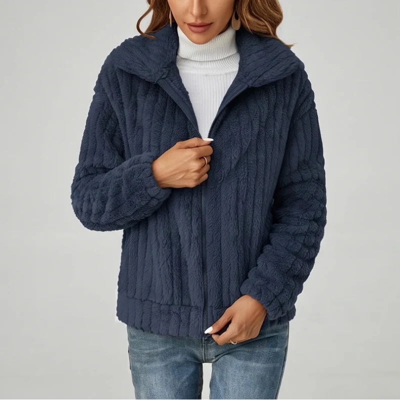 Edie | Winter Oversized Collared Full Zip Fluffy Striped Faux Fur Fleece Jacket Women
