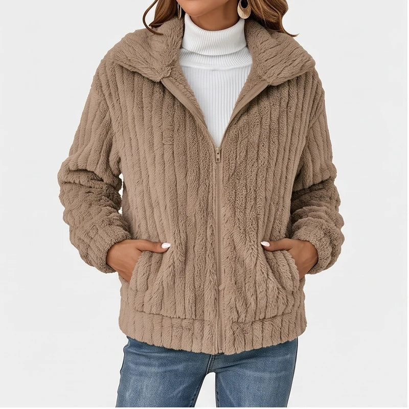 Edie | Winter Oversized Collared Full Zip Fluffy Striped Faux Fur Fleece Jacket Women