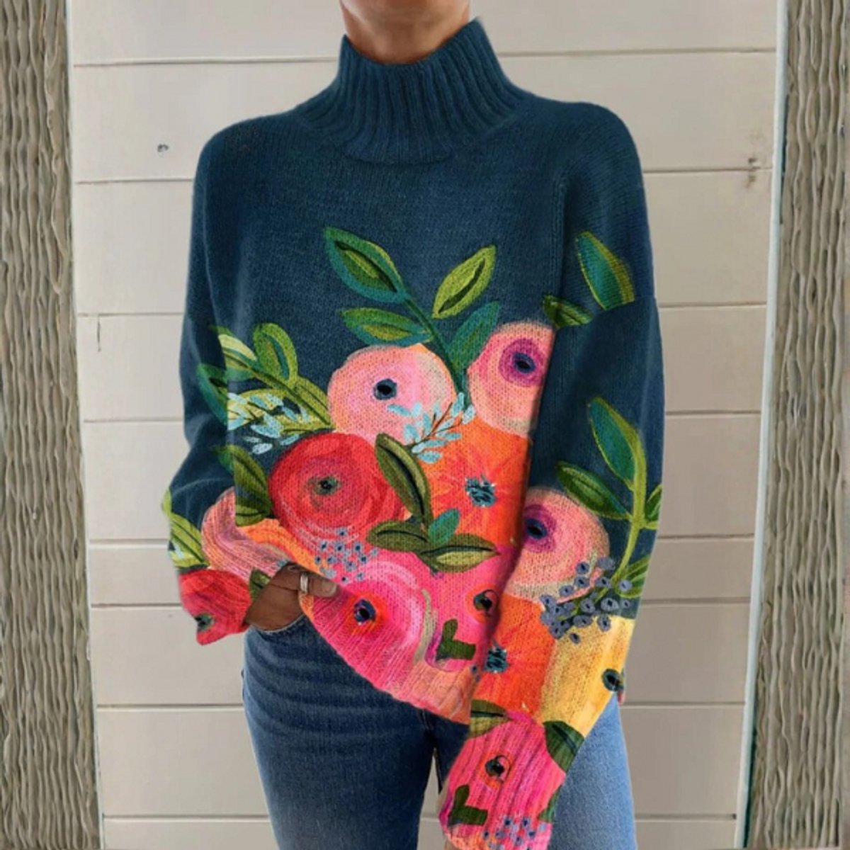 Pia | Oversized Floral Printed Long Sleeve Drop Shoulder Turtleneck Autumn Winter Jumper Women