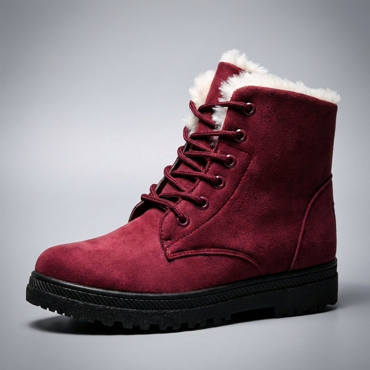 Dora | Faux Fur Lined Winter Flat Lug Lace Up Suede Ankle Boots Women