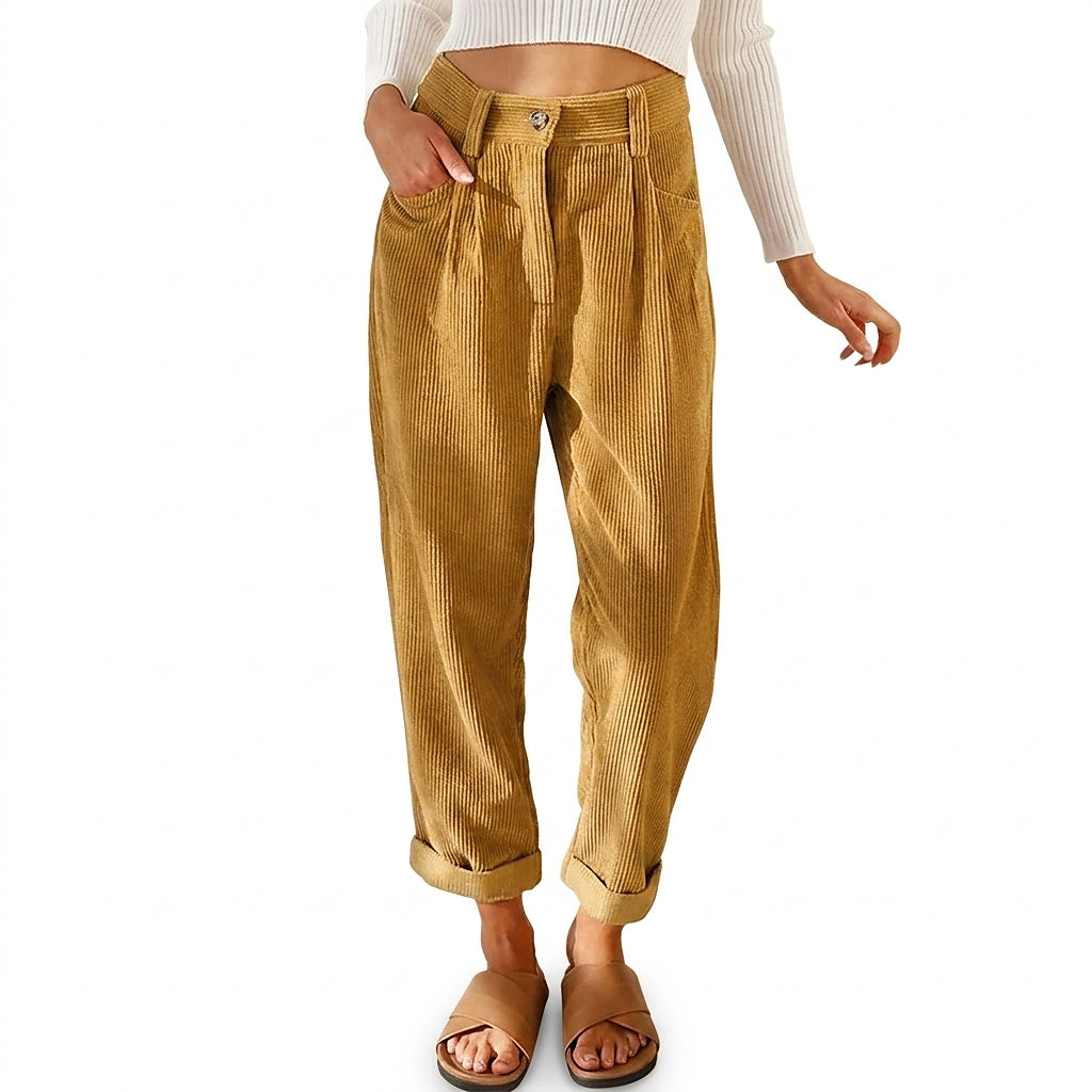 Kitty | High Waisted Pleated Corduroy Turn Up Cropped Pocket Autumn Tapered Trousers Women