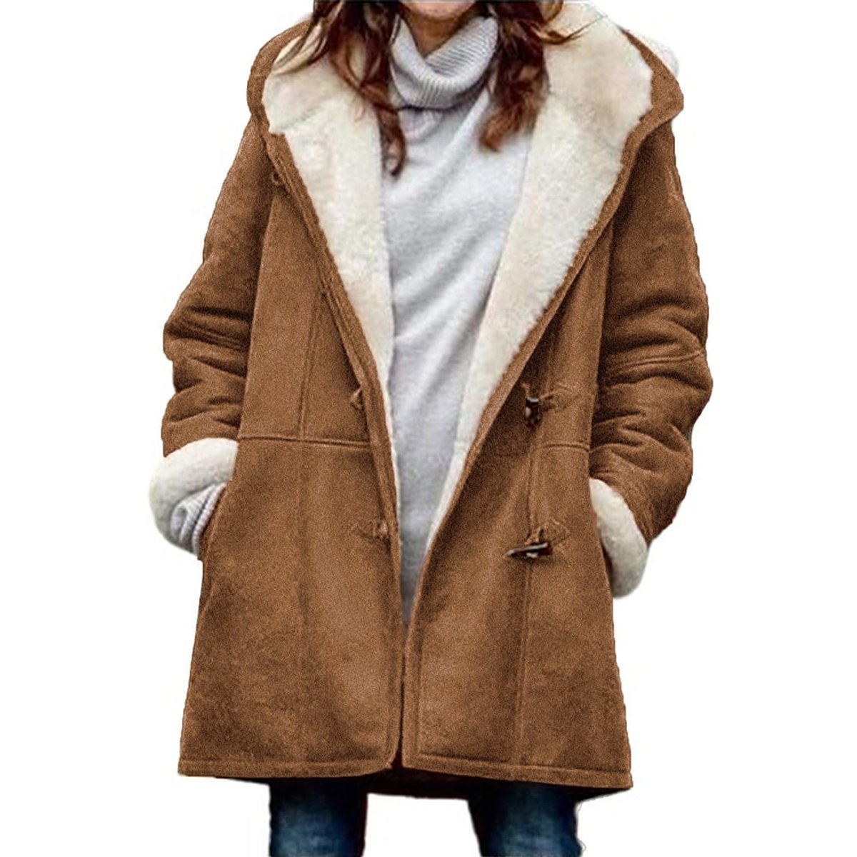 Abbie | Faux Suede Fleece Lined Oversized Hooded Winter Mid Length Duffle Coat Women