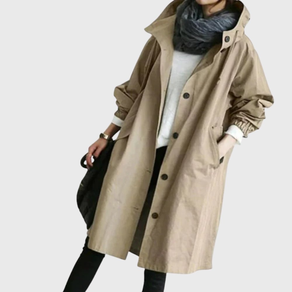 Callie | Drawstring Button Oversized Longline Hooded Collared Autumn Windbreaker Jacket Women