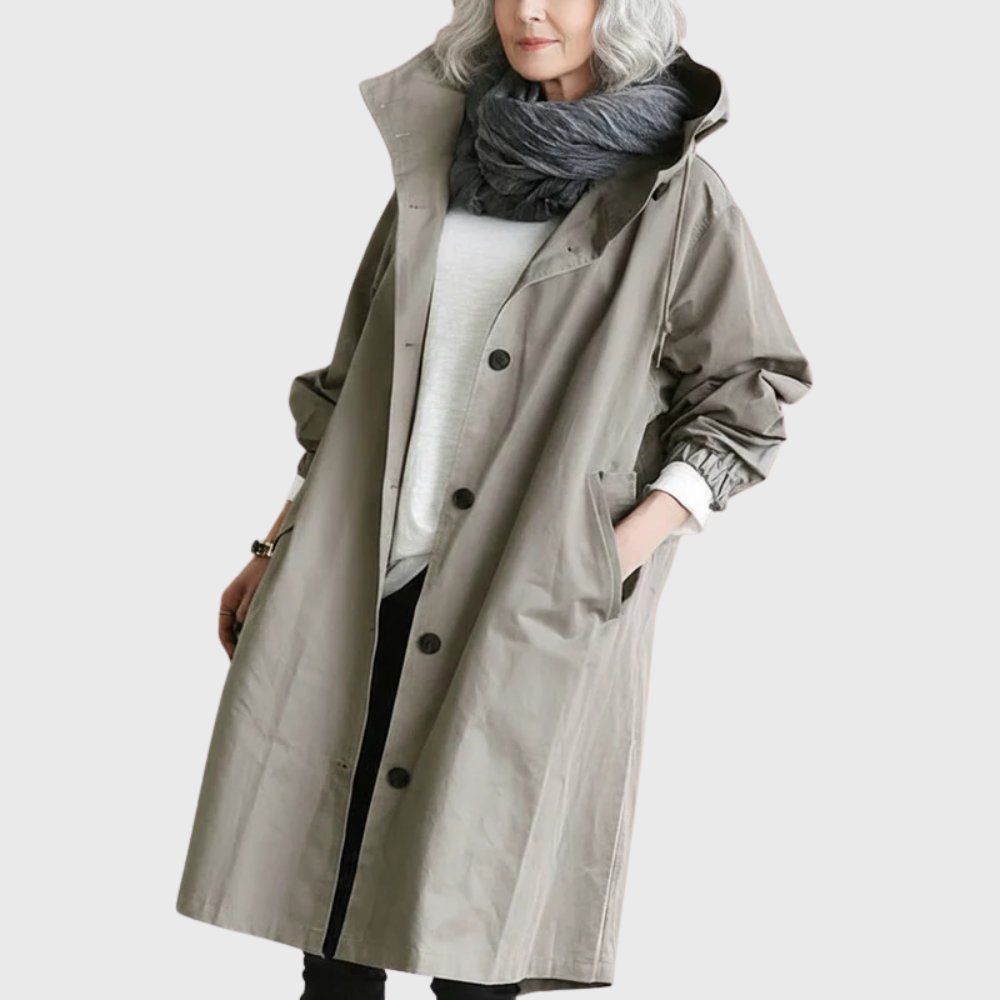 Callie | Drawstring Button Oversized Longline Hooded Collared Autumn Windbreaker Jacket Women