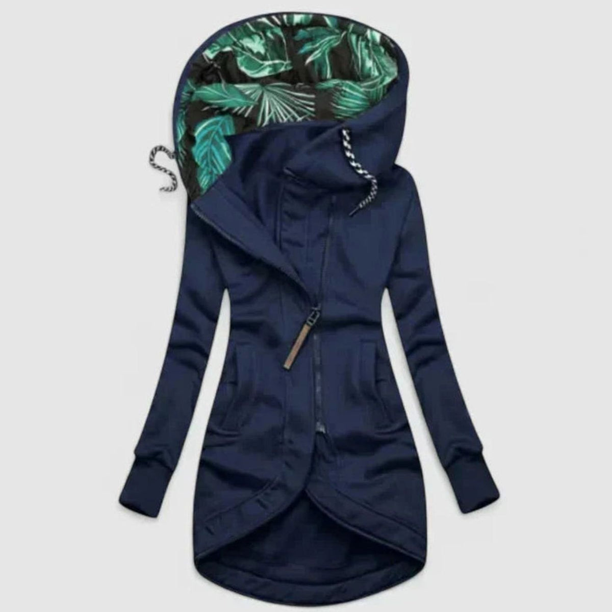 Reese | Fleece Floral High Funnel Neck Zip Up Long Sleeve Pockets Drawstring Autumn Longline Hoodie Women