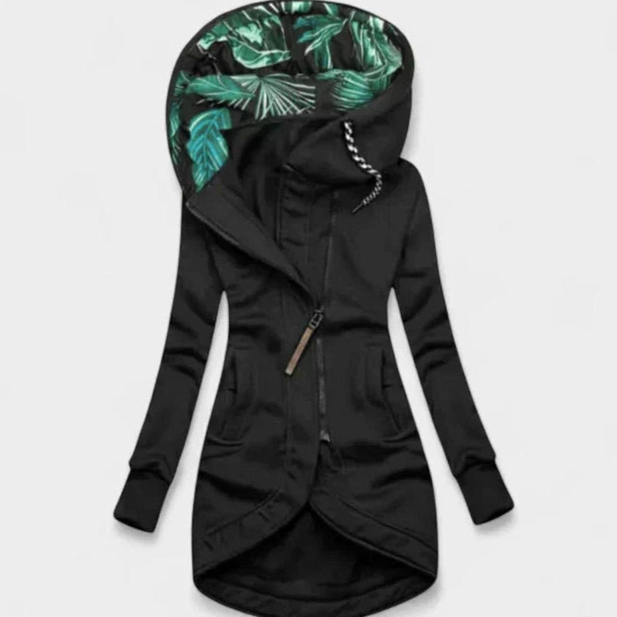 Reese | Fleece Floral High Funnel Neck Zip Up Long Sleeve Pockets Drawstring Autumn Longline Hoodie Women