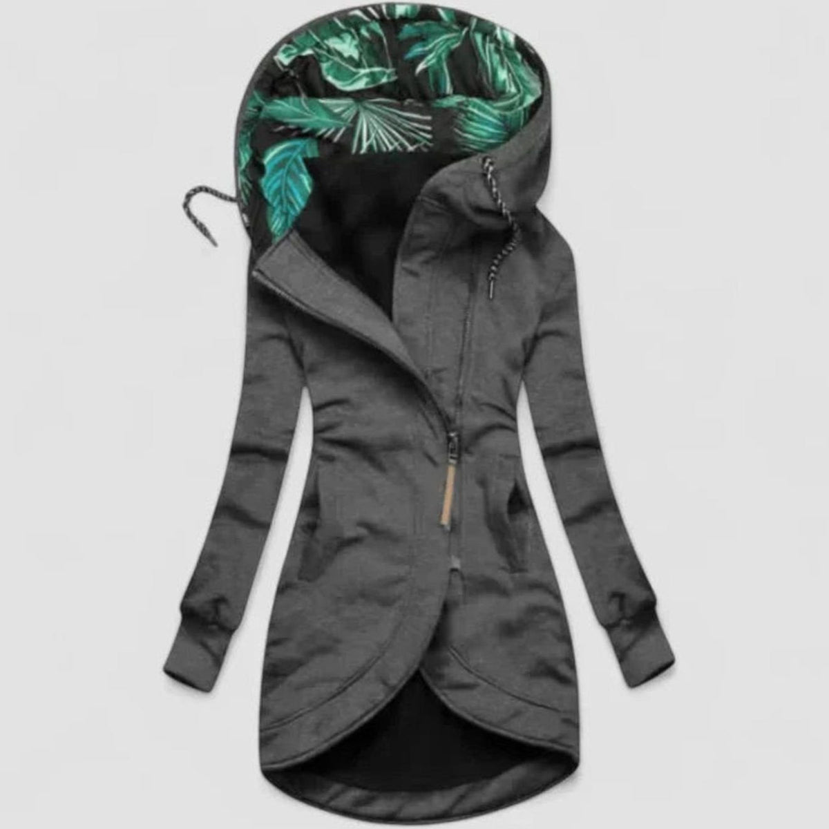 Reese | Fleece Floral High Funnel Neck Zip Up Long Sleeve Pockets Drawstring Autumn Longline Hoodie Women