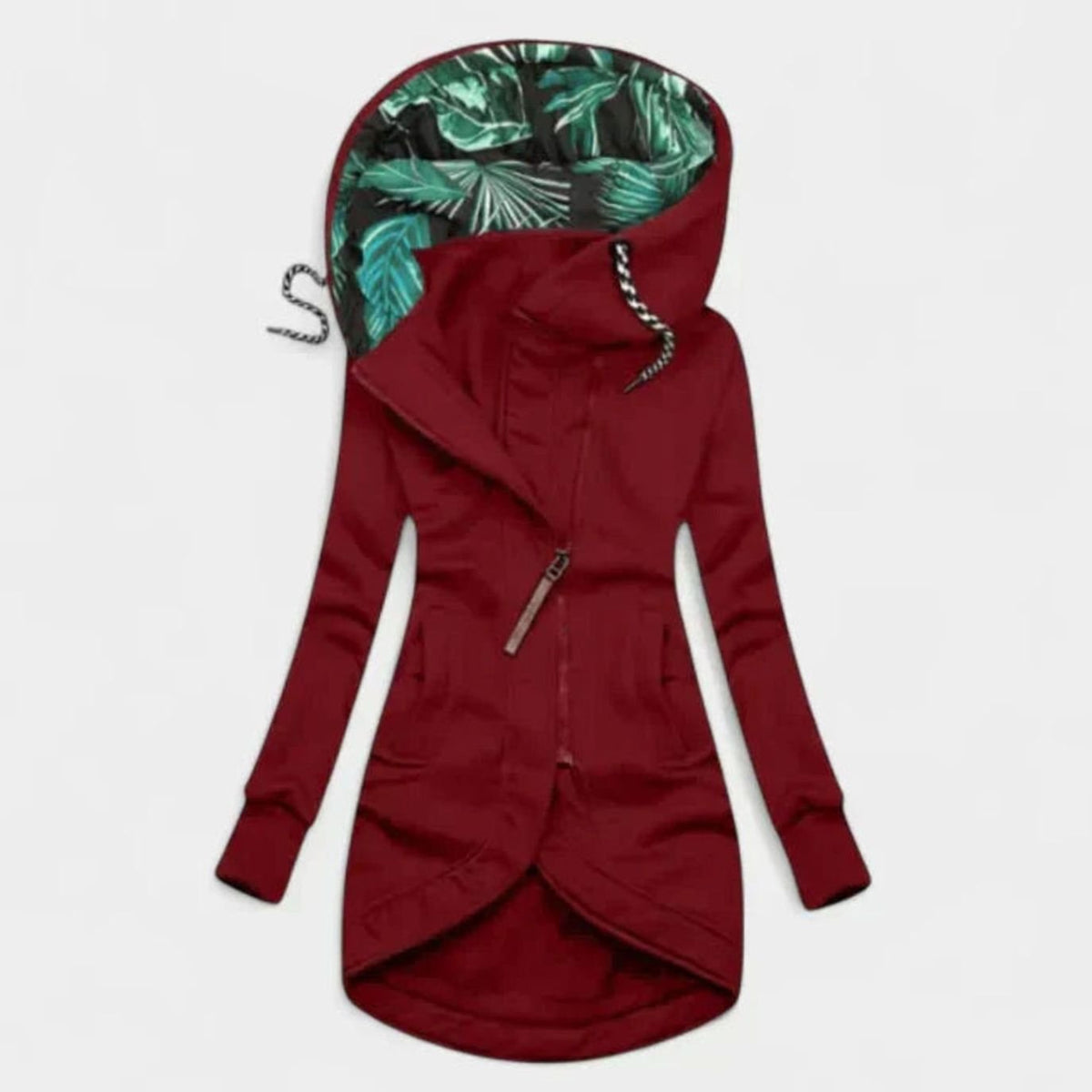 Reese | Fleece Floral High Funnel Neck Zip Up Long Sleeve Pockets Drawstring Autumn Longline Hoodie Women
