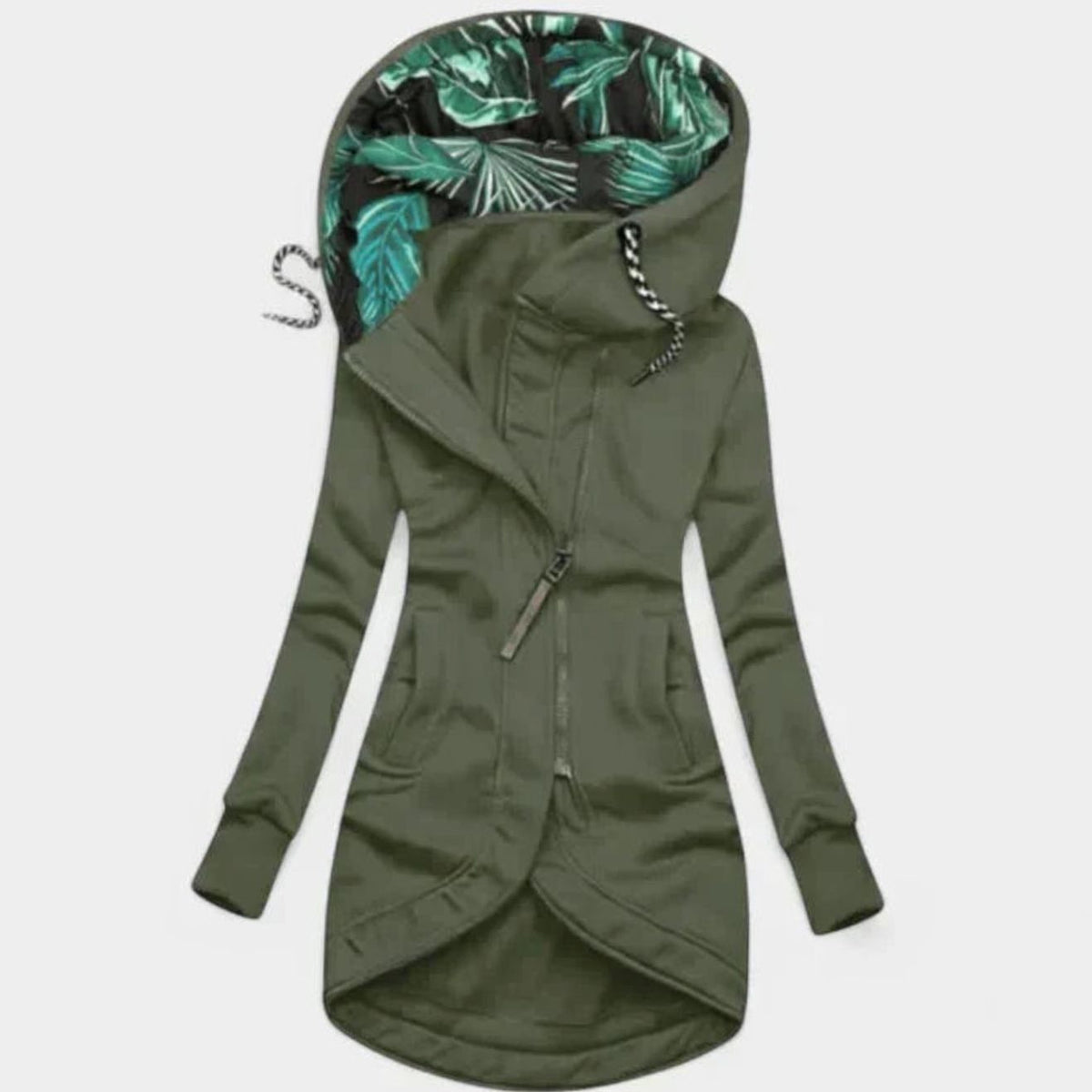 Reese | Fleece Floral High Funnel Neck Zip Up Long Sleeve Pockets Drawstring Autumn Longline Hoodie Women
