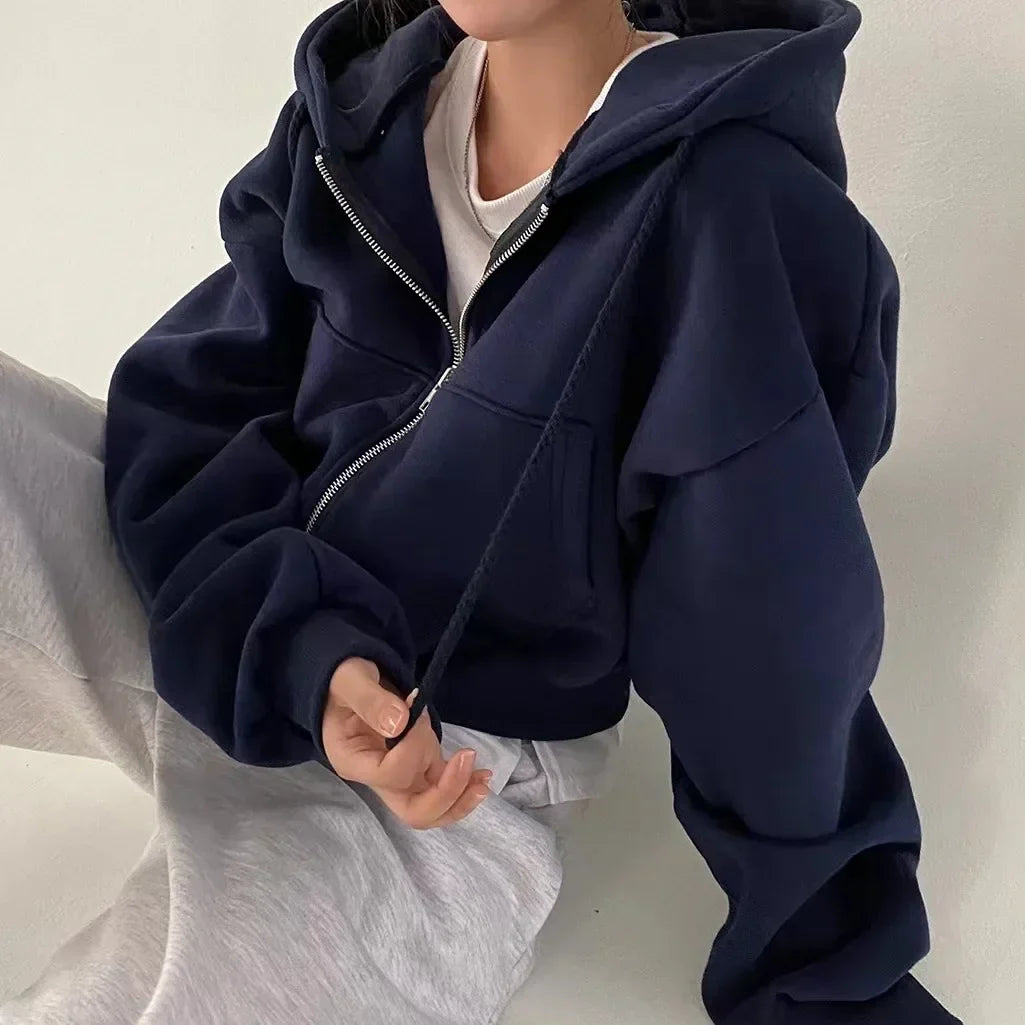 Sofie | Drawstring Zip Up Pockets Fleece Long Sleeve Cropped Autumn Oversized Hoodie Women
