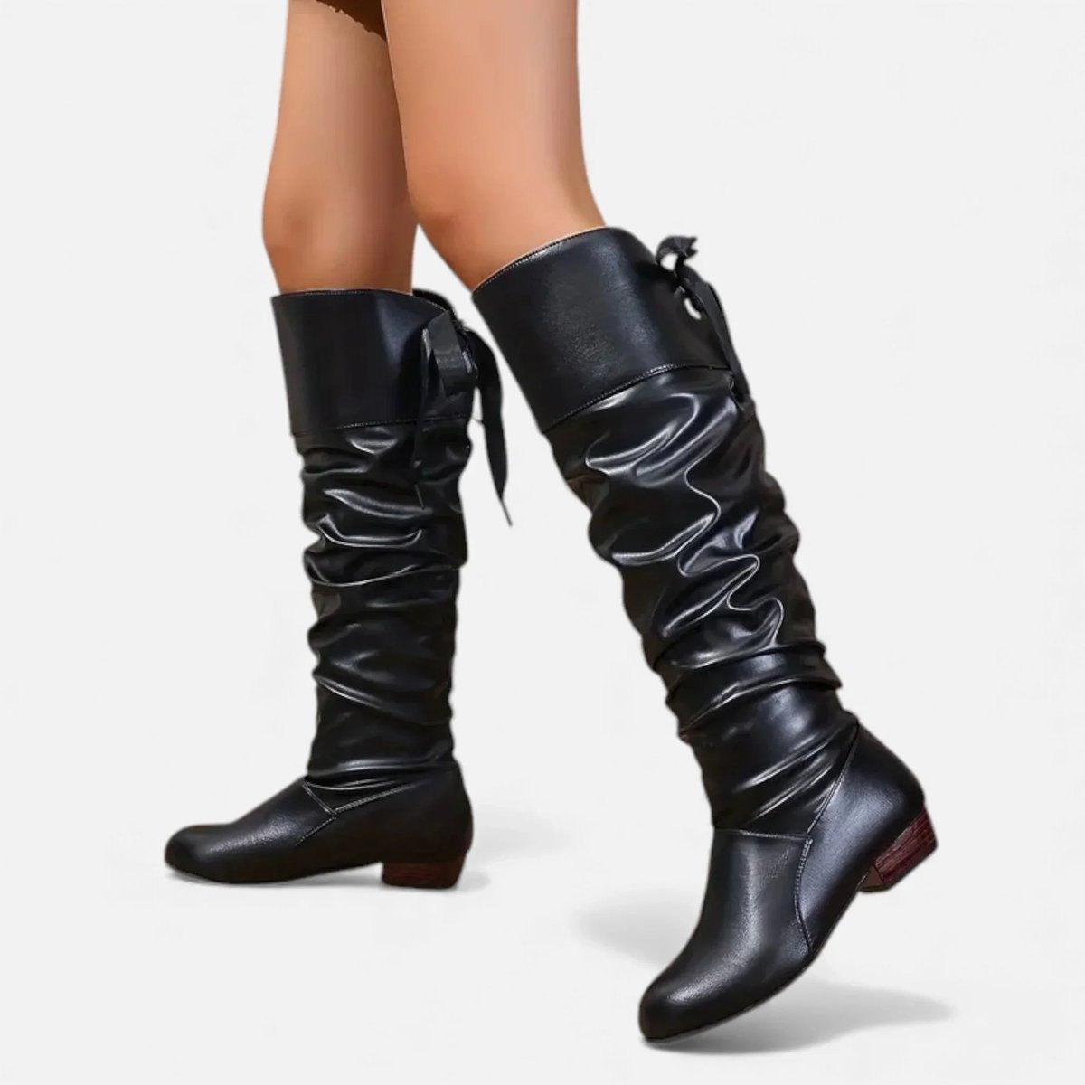Maya | Slouch Lace Up Bow Ruched Block Low Heel Faux Leather Knee High Boots Women