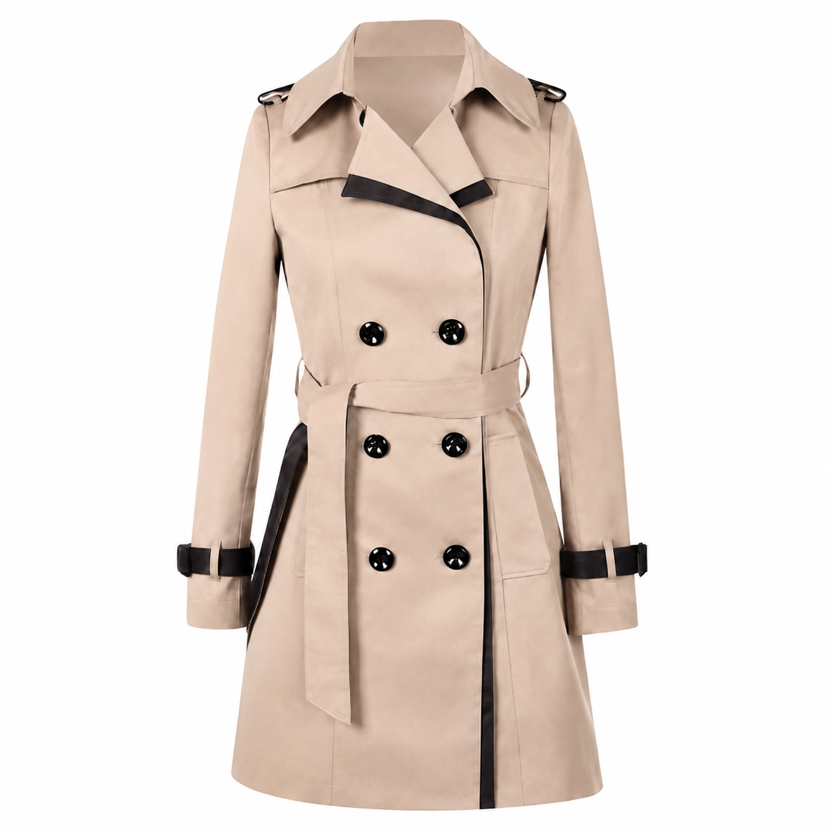 Sian | Fitted Double Breasted Belted Buckle Collared Pockets Autumn Smart Knee Length Trench Coat Ladies