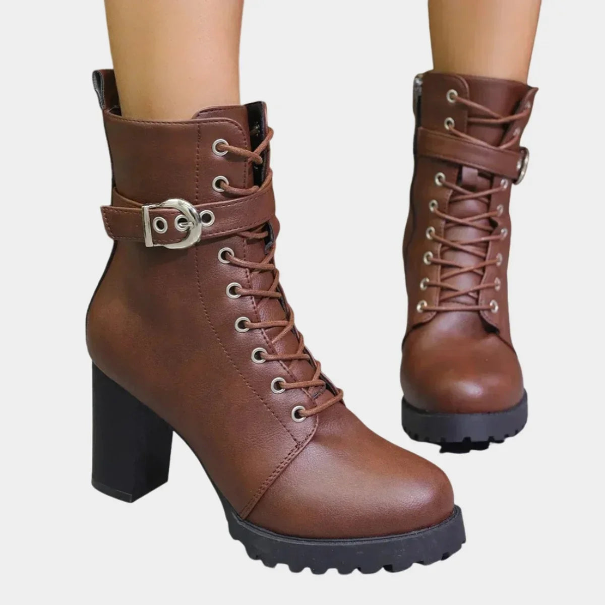Robyn | Buckle Chunky Block Heeled Platform Lace Up Autumn Faux Leather Ankle Boots Women