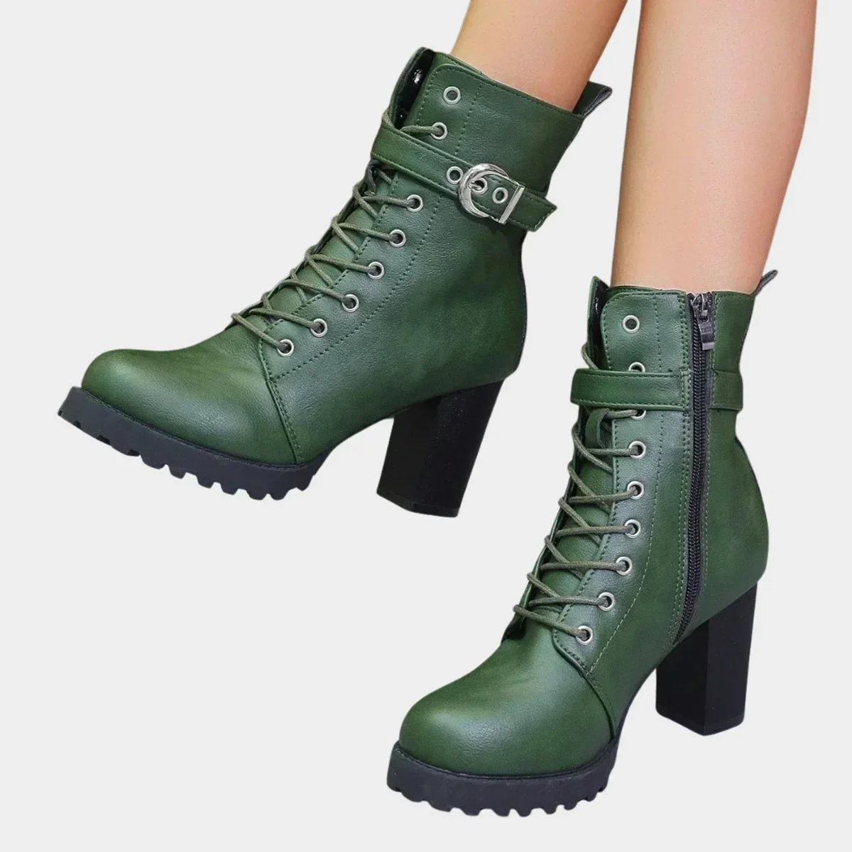 Robyn | Buckle Chunky Block Heeled Platform Lace Up Autumn Faux Leather Ankle Boots Women