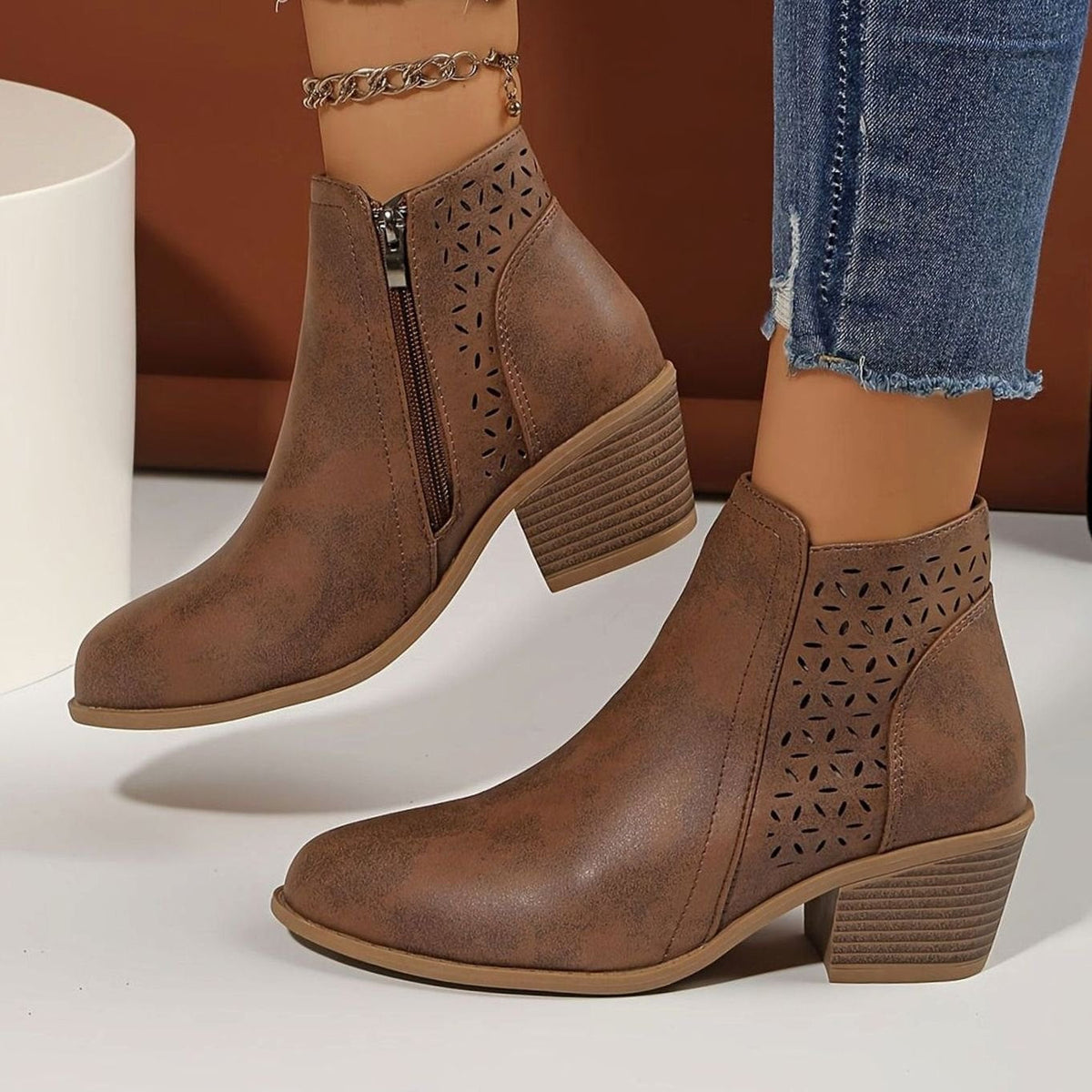 Etta | Cut Out Block Heeled Round Toe Zip Up Autumn Faux Leather Ankle Boots Women