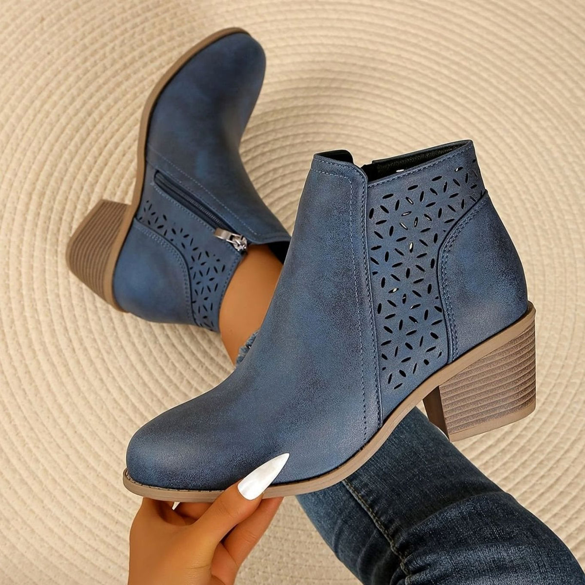 Etta | Cut Out Block Heeled Round Toe Zip Up Autumn Faux Leather Ankle Boots Women