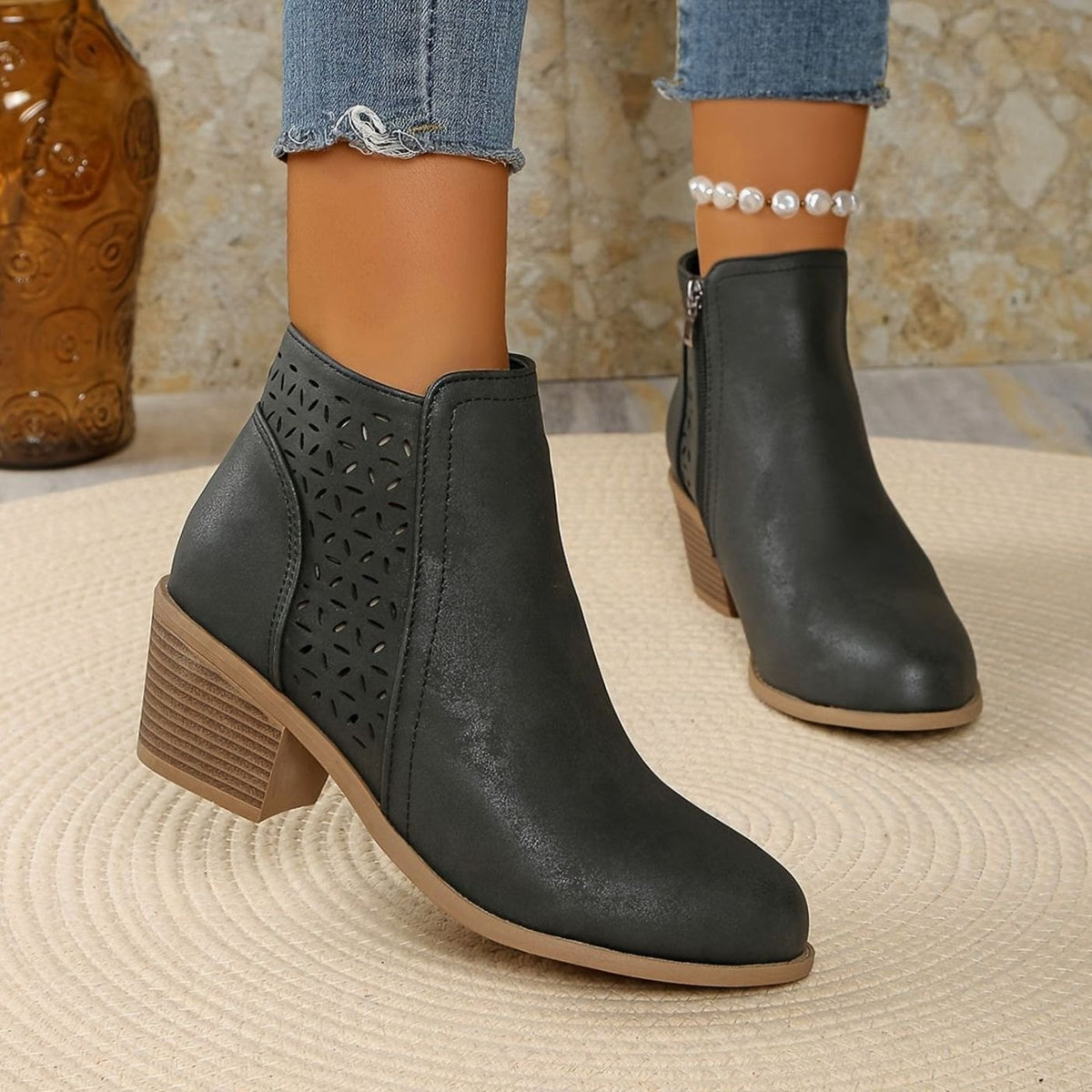 Etta | Cut Out Block Heeled Round Toe Zip Up Autumn Faux Leather Ankle Boots Women