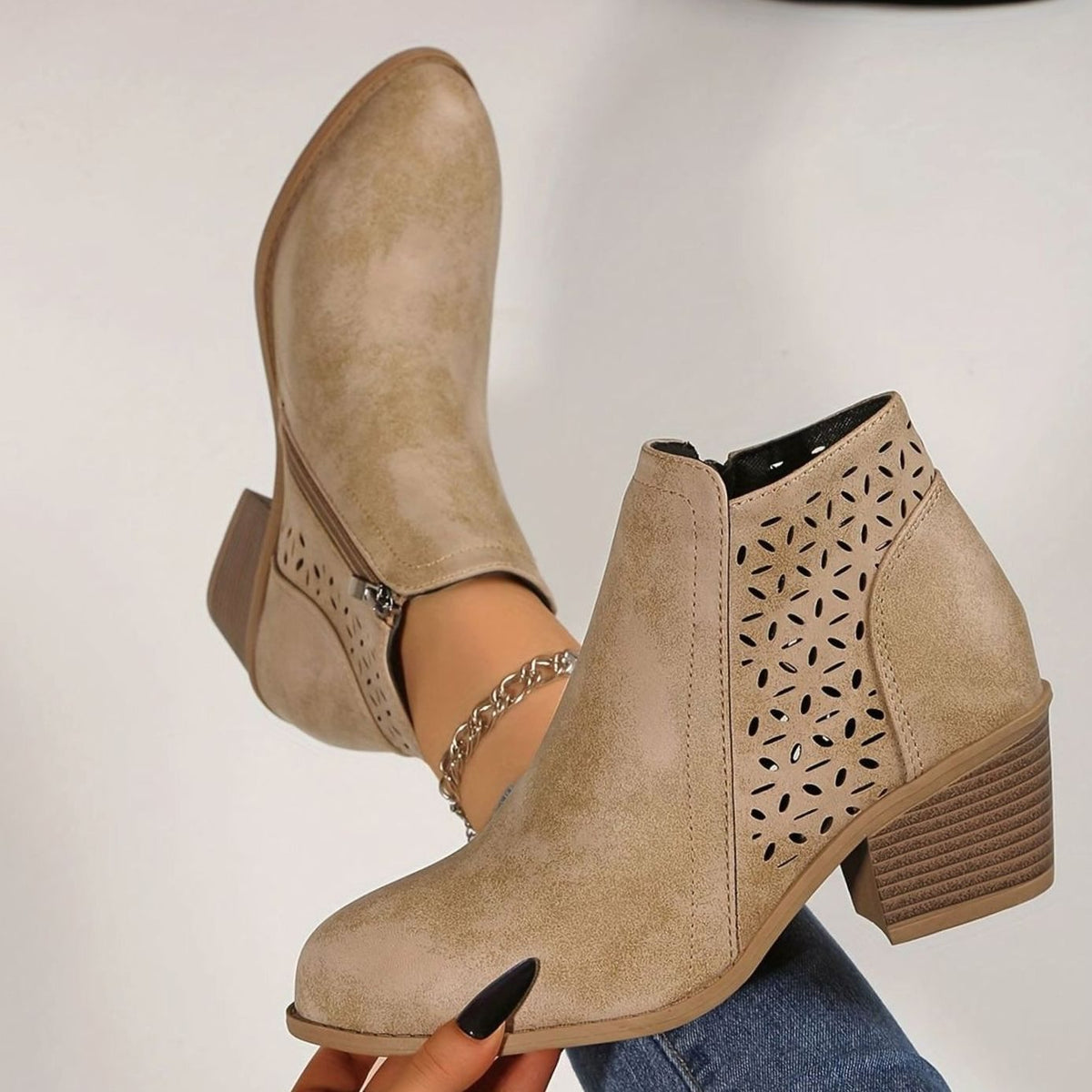 Etta | Cut Out Block Heeled Round Toe Zip Up Autumn Faux Leather Ankle Boots Women