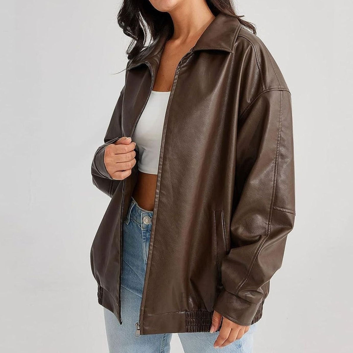Ruby | Collared Zip Up Pocket Faux Leather Oversized Elasticated Hem Autumn Bomber Jacket Women