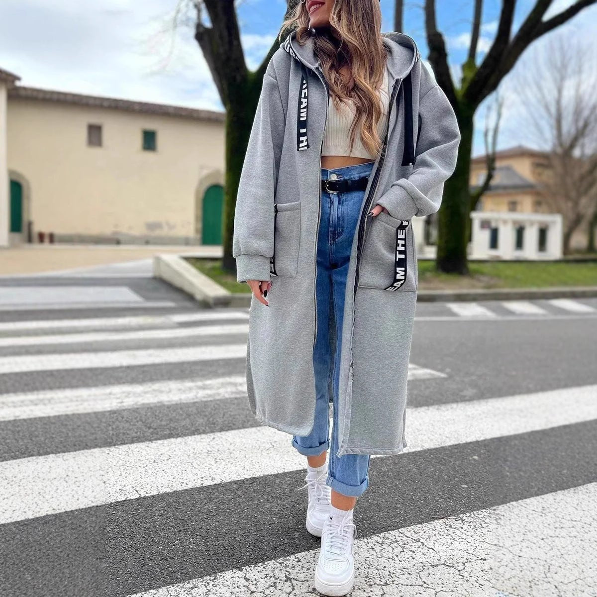 Nina | Streetwear Slogan Zip Up Pockets Fleece Longline Autumn Winter Oversized Hoodie Women