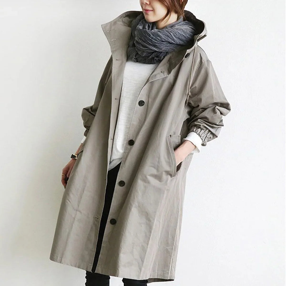 Callie | Drawstring Button Oversized Longline Hooded Collared Autumn Windbreaker Jacket Women
