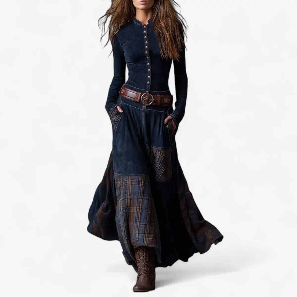 Daisy | Faux Suede Tartan Button Belted Mandarin Collar Autumn Maxi Long Sleeve Dress Women