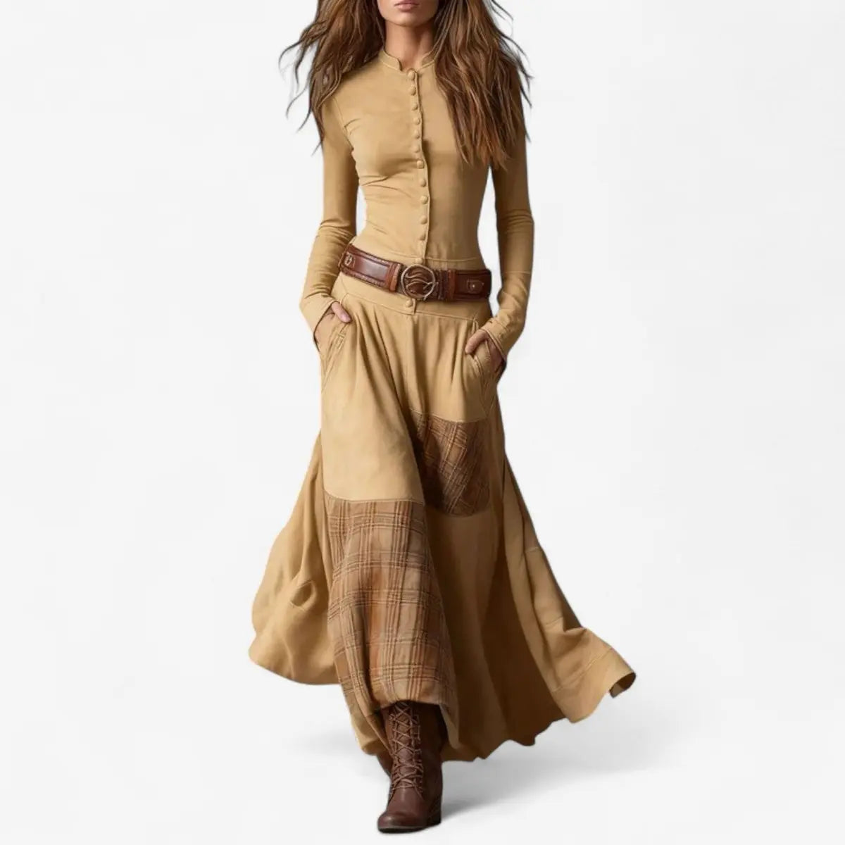 Daisy | Faux Suede Tartan Button Belted Mandarin Collar Autumn Maxi Long Sleeve Dress Women