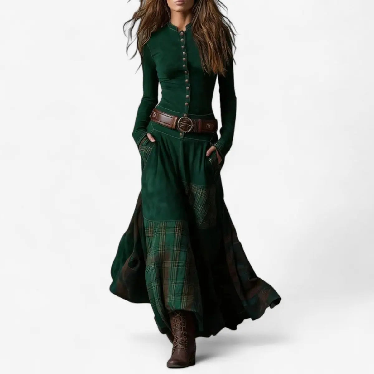 Daisy | Faux Suede Tartan Button Belted Mandarin Collar Autumn Maxi Long Sleeve Dress Women