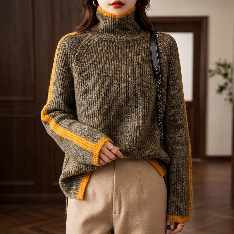 Nora | Denim Oversized Chunky Ribbed Colour Block Drop Shoulder Turtleneck Winter Jumper Women