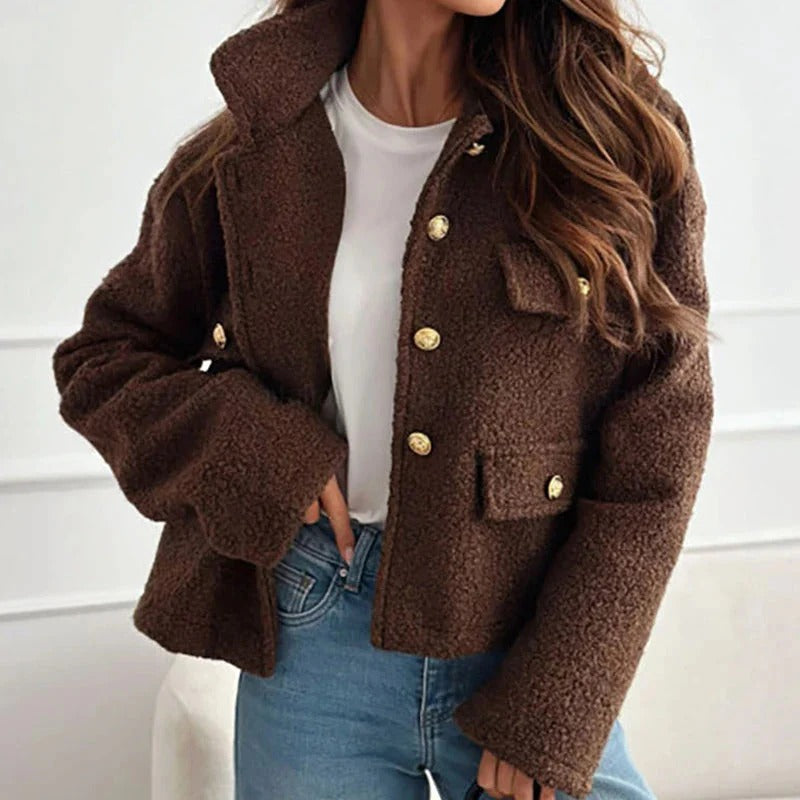Elodie | Oversized Boxy Collared Buttoned Pocket Autumn Winter Cropped Teddy Jacket Women