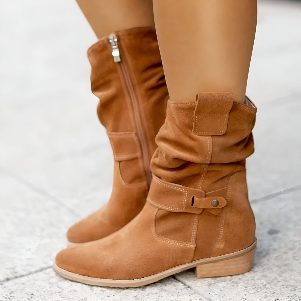 Olive | Faux Suede Almond Toe Zip Slouch Autumn Block Heeled Mid Calf Boots Women